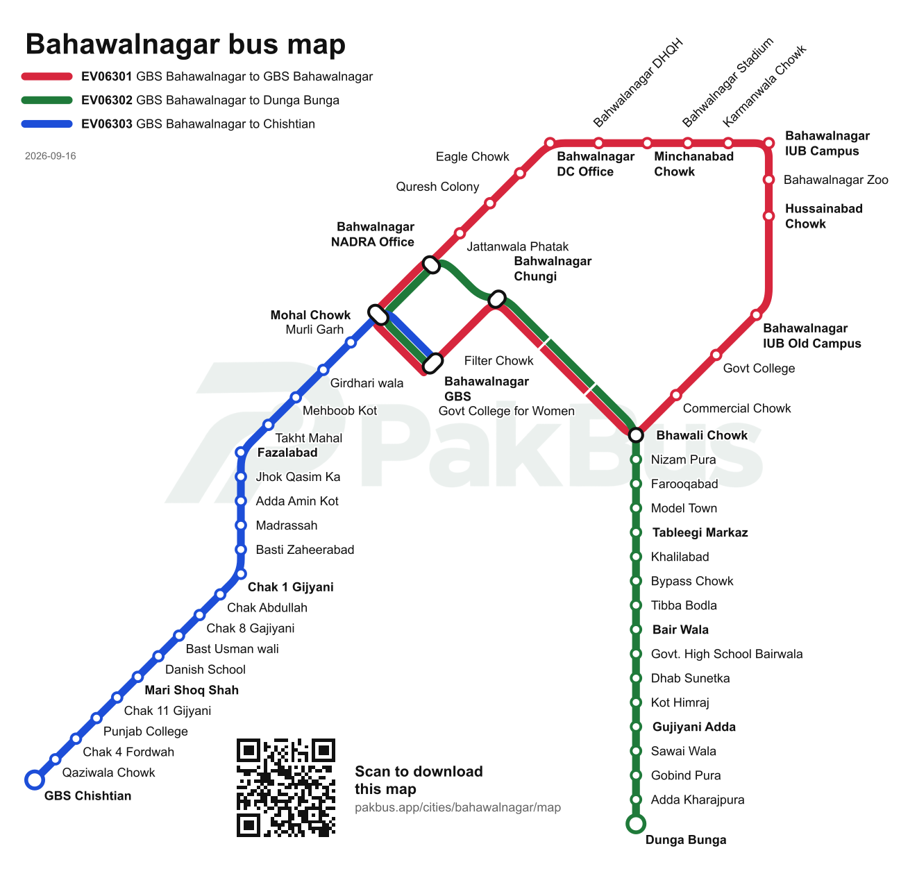 Bus route map of Bahawalnagar showing 3 routes and their stops