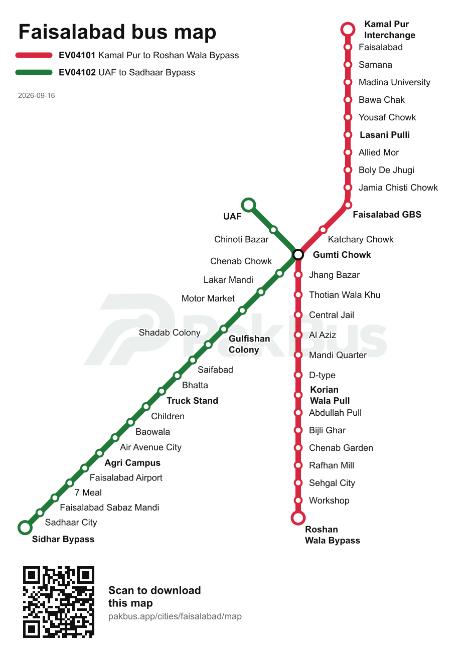 Bus route map of Faisalabad showing 2 routes and their stops