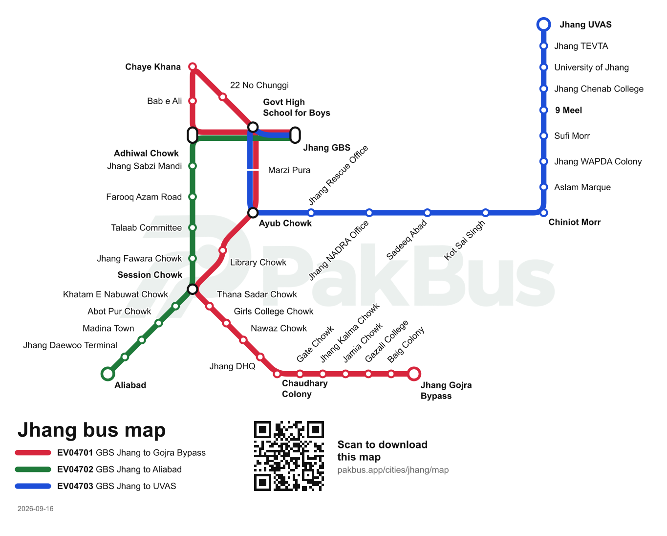 Bus route map of Jhang showing 3 routes and their stops