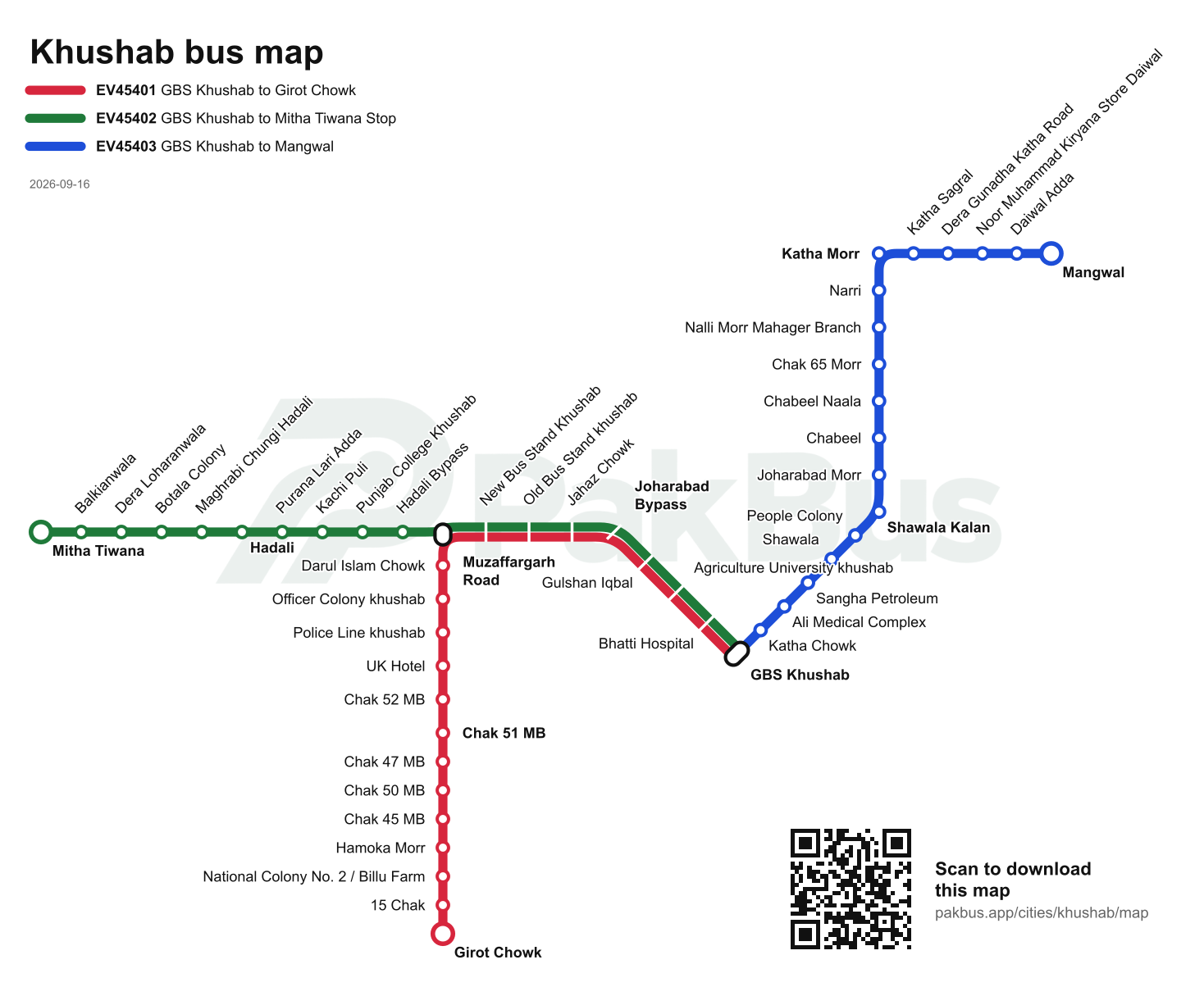 Bus route map of Khushab showing 3 routes and their stops