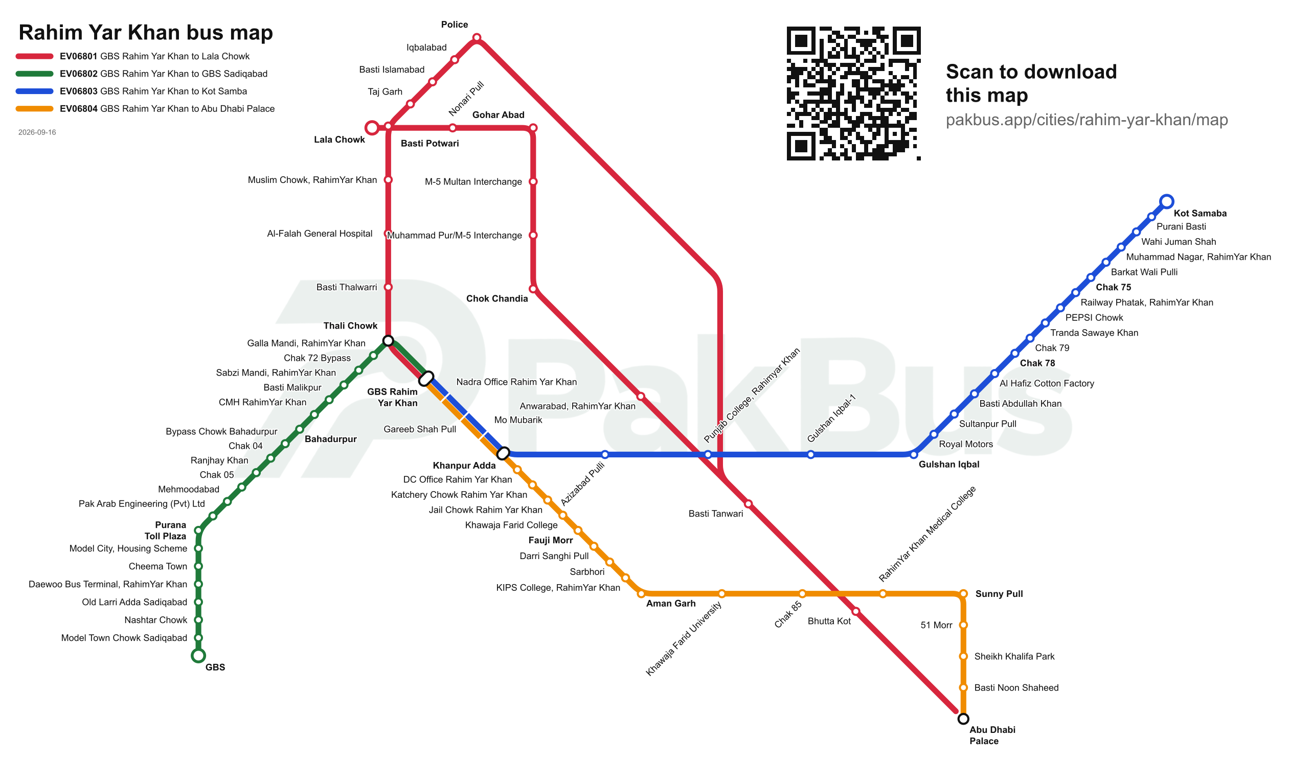 Bus route map of Rahim Yar Khan showing 4 routes and their stops