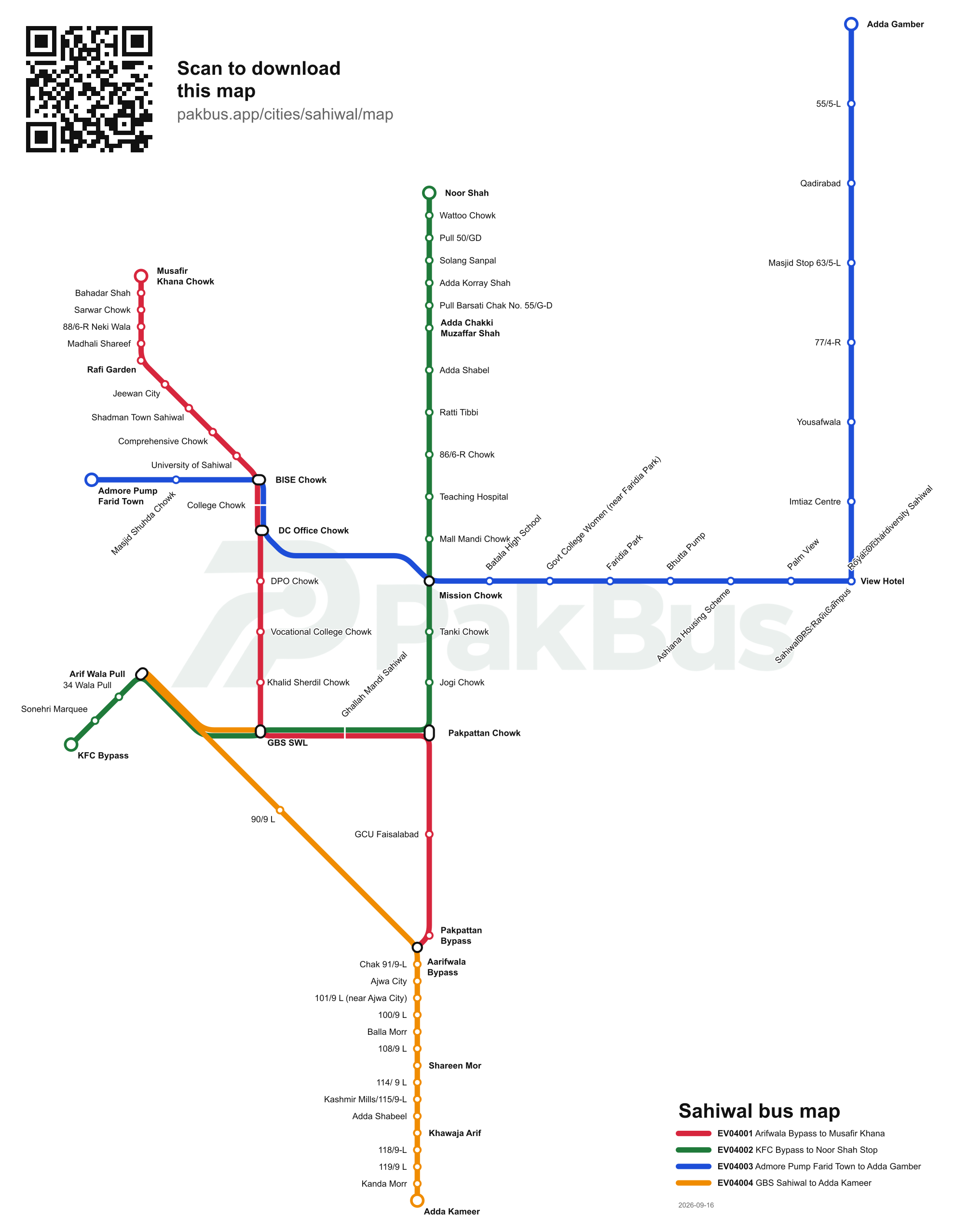 Bus route map of Sahiwal showing 4 routes and their stops