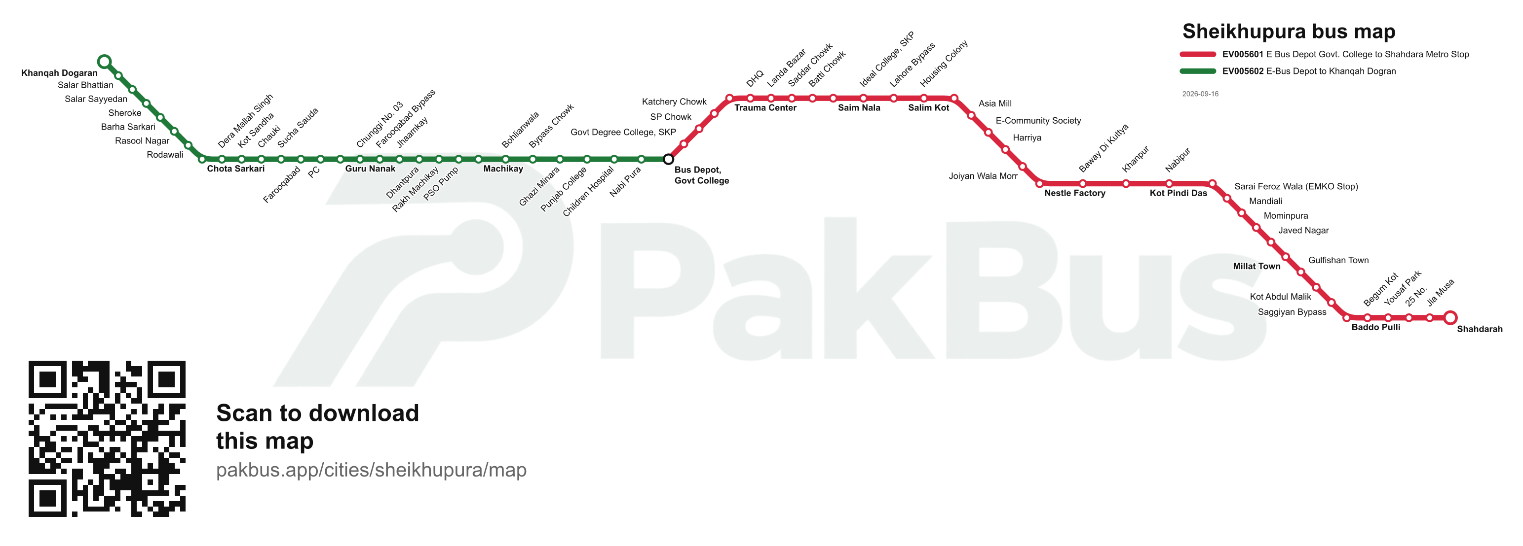 Bus route map of Sheikhupura showing 2 routes and their stops